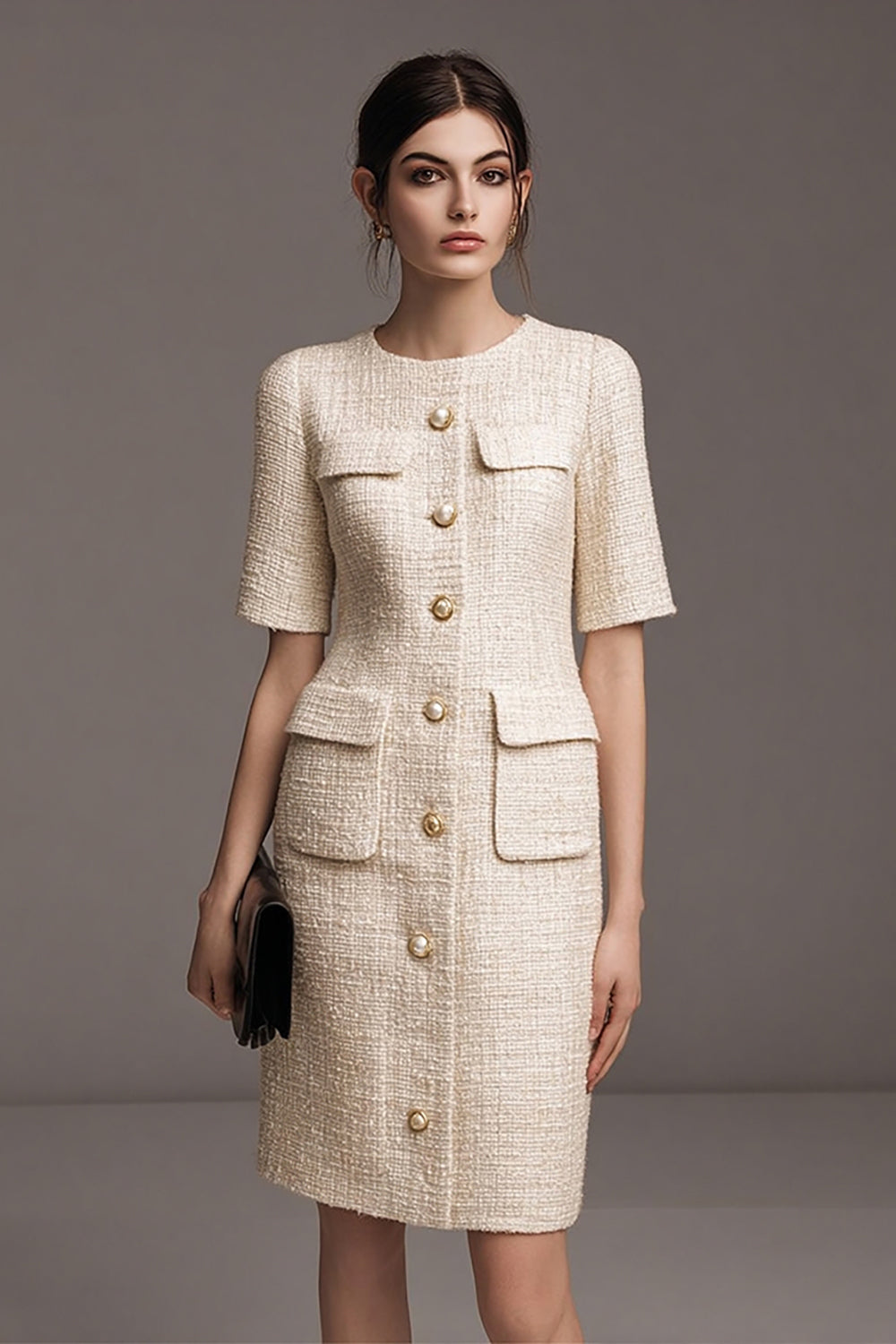Ivory Tweed Pearls Pencil Short Homecoming Outfits with Buttons