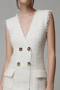 Ivory Tweed Tight Buttons Short Homecoming Outfits with Pockets