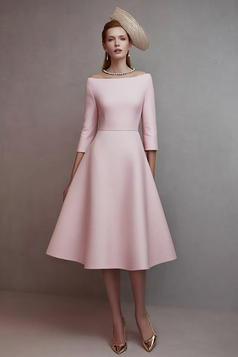 Load image into Gallery viewer, Pink Off the Shoulder A Line Midi Homecoming Outfits with Sleeves