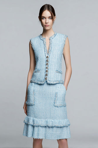 2 Piece Sky Blue Tweed Buttons Blazer Homecoming Outfits with Ruffles