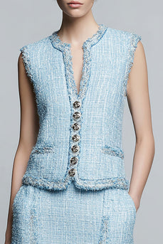 2 Piece Sky Blue Tweed Buttons Blazer Homecoming Outfits with Ruffles