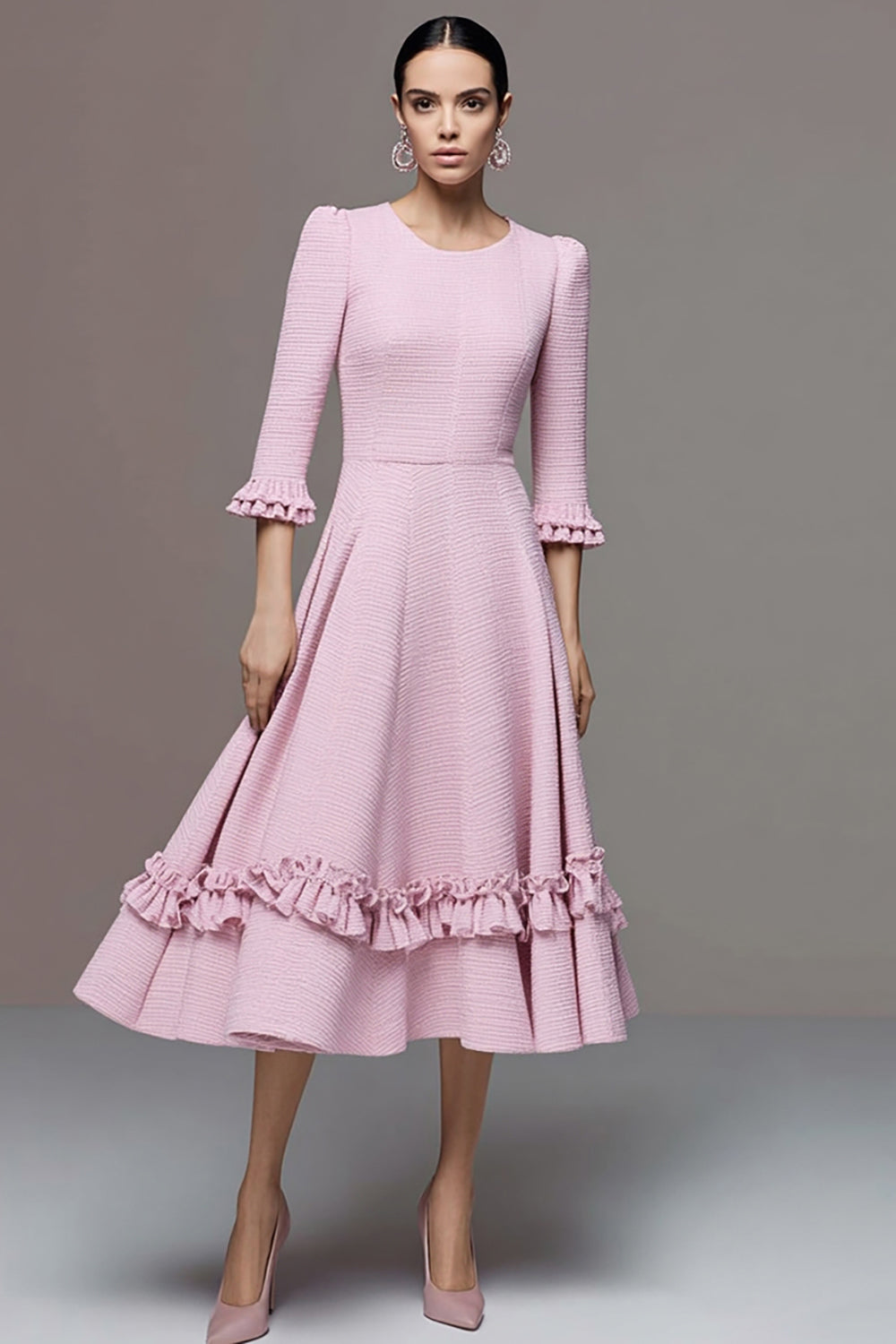 Pink Tweed A Line Ruffled Midi Homecoming Outfits with Sleeves