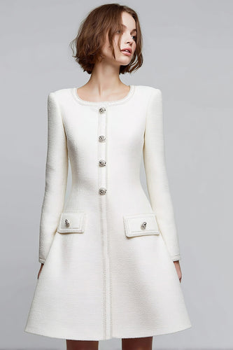 Ivory Tweed Round Neck A Line Short Homecoming Outfits with Buttons