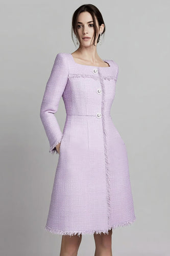 Lilac Tweed Square Neck A Line Midi Homecoming Outfits with Buttons