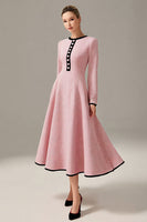 Load image into Gallery viewer, Pink Tweed A Line Midi Homecoming Outfits with Buttons