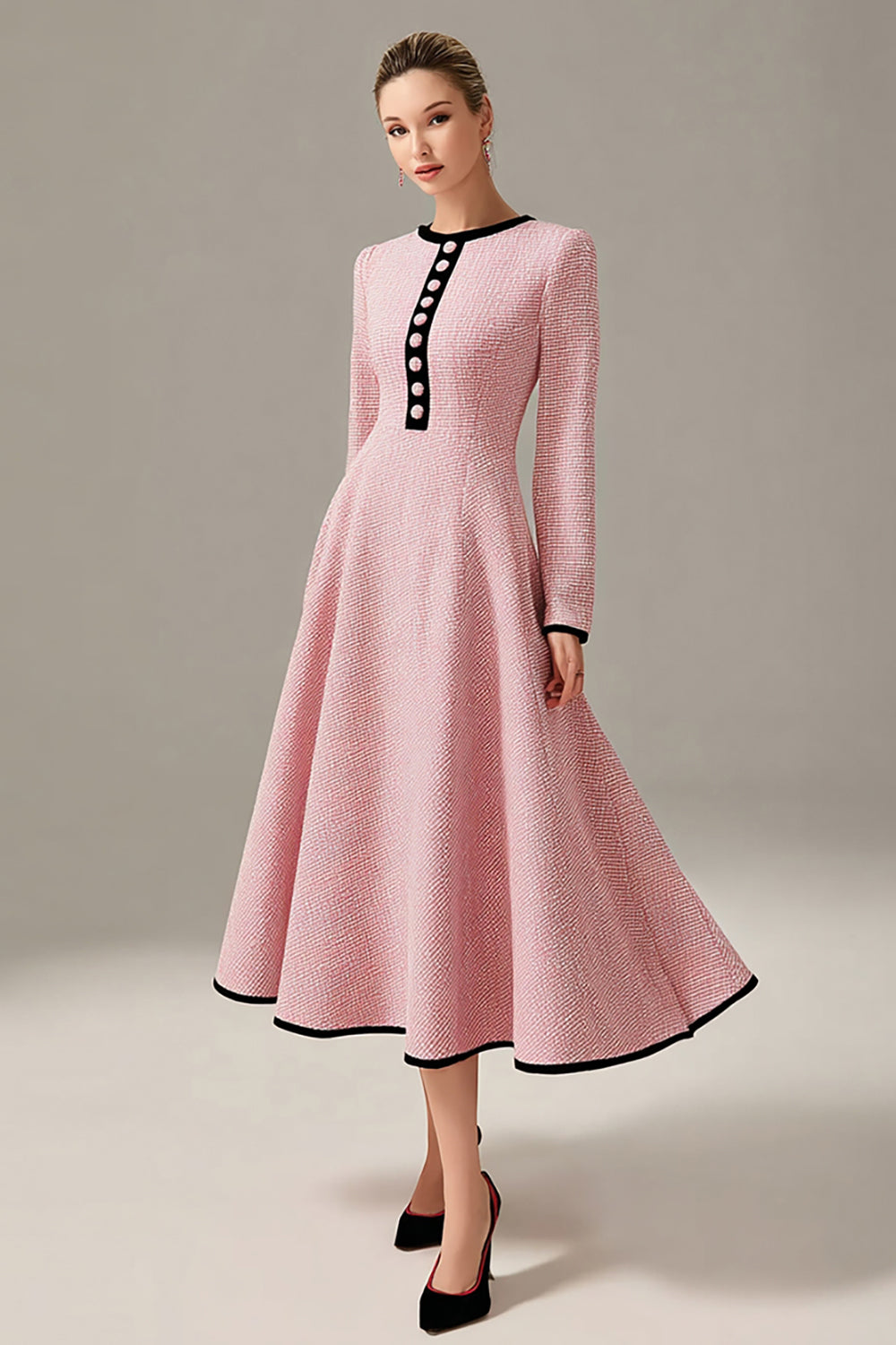 Pink Tweed A Line Midi Homecoming Outfits with Buttons