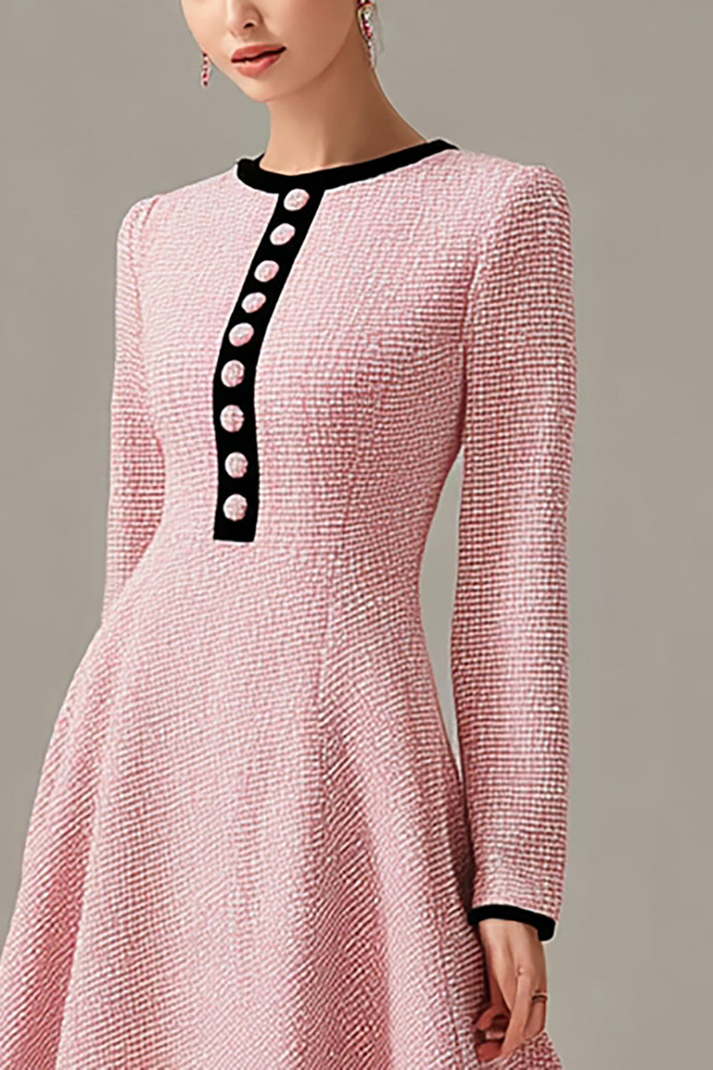 Load image into Gallery viewer, Pink Tweed A Line Midi Homecoming Outfits with Buttons