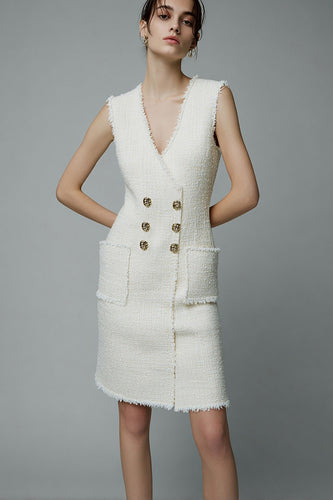 Ivory Tweed V-Neck Short Homecoming Outfits with Buttons