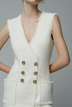 Ivory Tweed V-Neck Short Homecoming Outfits with Buttons