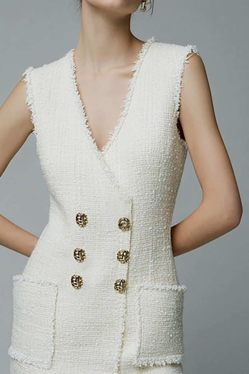Load image into Gallery viewer, Ivory Tweed V-Neck Short Homecoming Outfits with Buttons