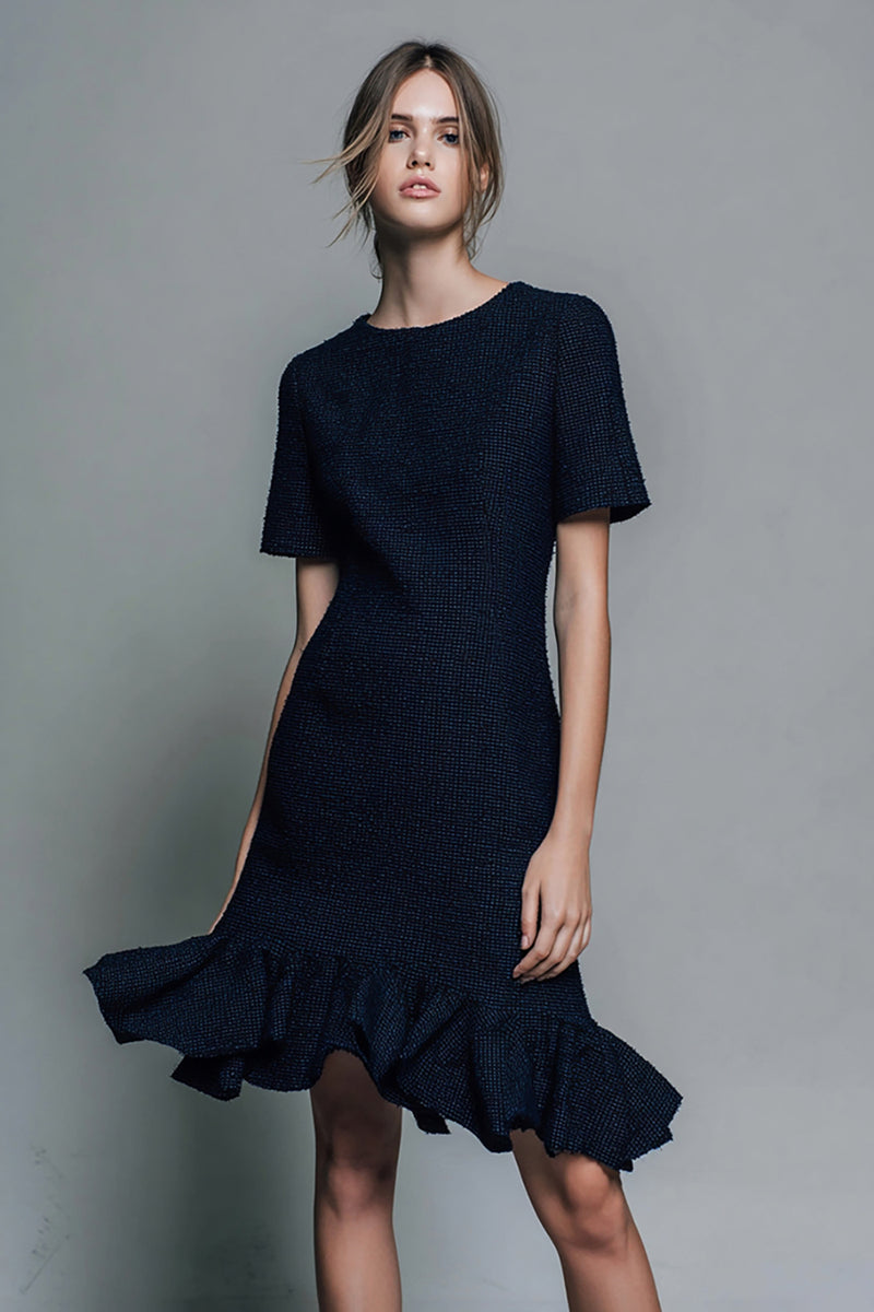 Load image into Gallery viewer, Black Tweed Short Sleeves Pageant Interview Outfits with Ruffles