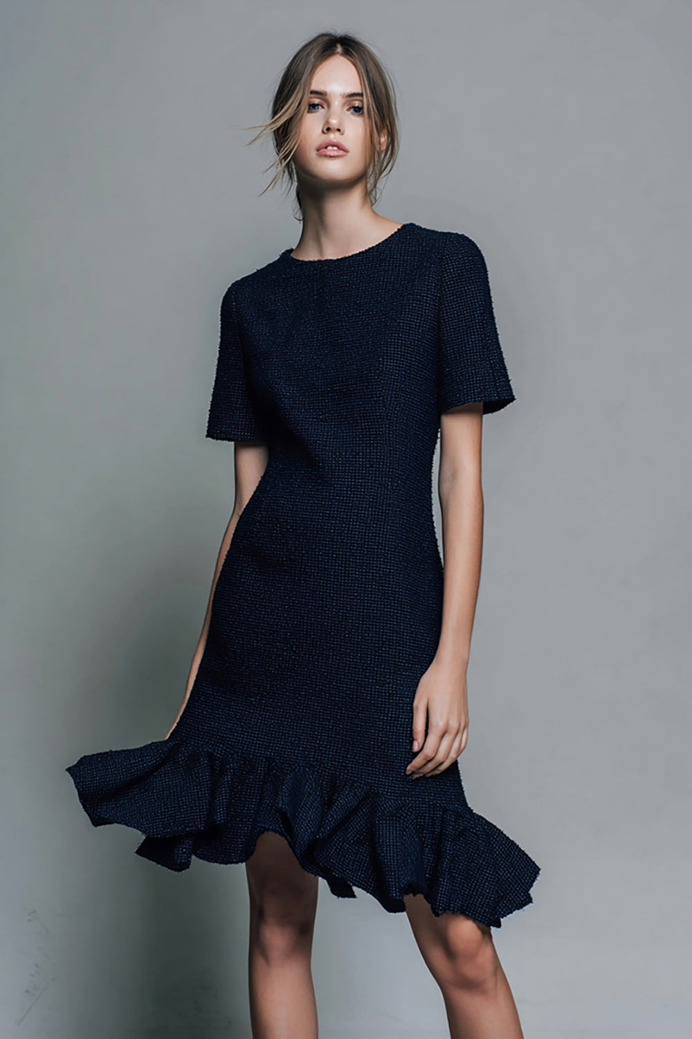 Black Tweed Short Sleeves Pageant Interview Outfits with Ruffles