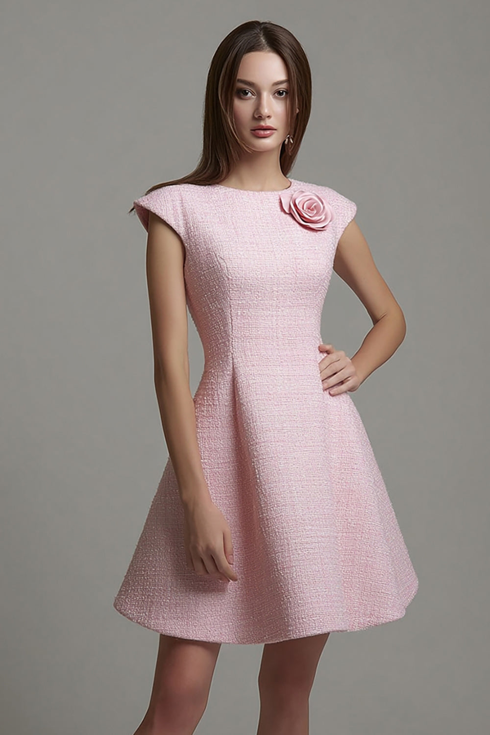 Pink Tweed Cap Sleeves A Line Short Homecoming Outfits with 3D Flowers
