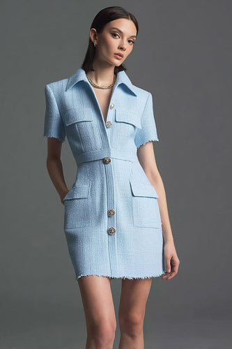 Sky Blue Tweed Short Sleeves Tight Homecoming Outfits with Buttons