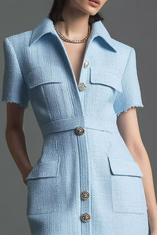 Sky Blue Tweed Short Sleeves Tight Homecoming Outfits with Buttons
