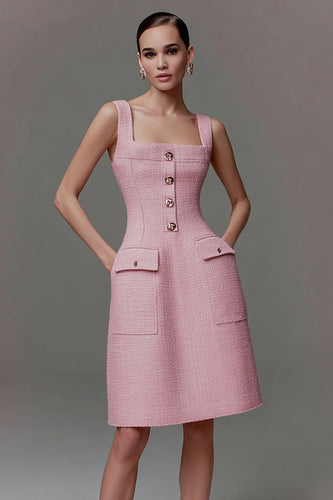 Pink Tweed Cami Square Neck Tight Short Homecoming Dress