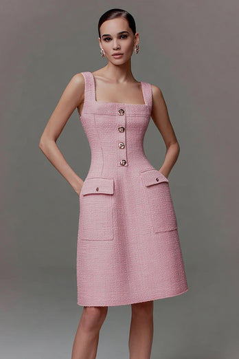 Pink Tweed Cami Square Neck Tight Short Homecoming Dress