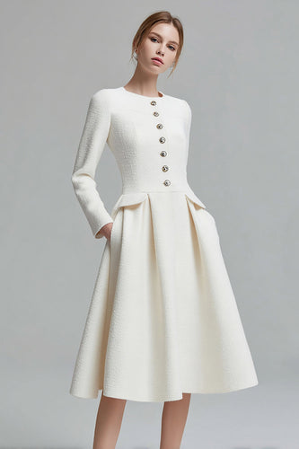 Ivory Tweed A Line Long Sleeves Midi Pageant Interview Dress with Pockets