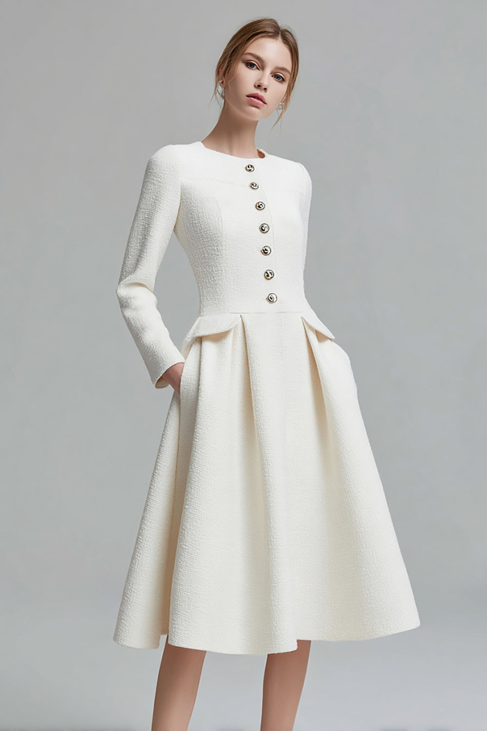 Ivory Tweed A Line Long Sleeves Midi Pageant Interview Dress with Pockets