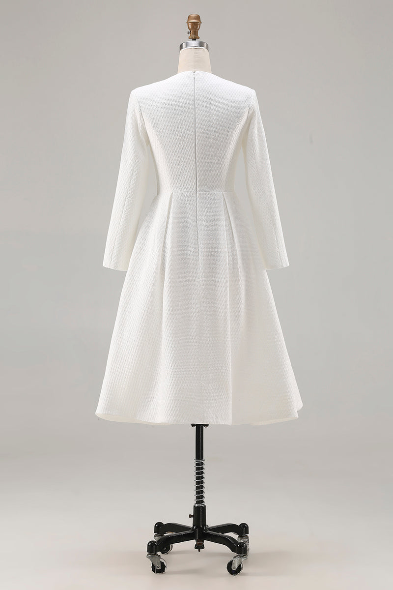 Load image into Gallery viewer, Ivory Tweed A Line Long Sleeves Midi Pageant Interview Dress with Pockets