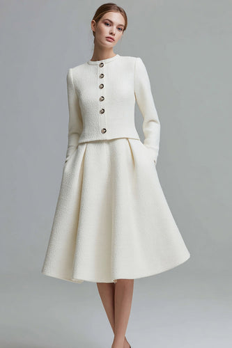 Ivory 2 Piece Tweed Midi Homecoming Outfits with Buttons