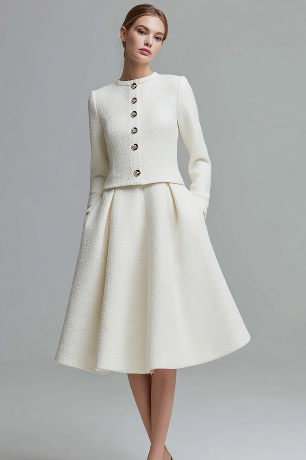 Queendancer Women Ivory 2 Piece Midi Homecoming Outfits Tweed Round Neck Single Breasted A Line Pageant Interview Outfits with Buttons queendancer Queendancer Women Ivory 2 Piece Midi Homecoming Outfits Tweed Round Neck Single Breasted A Line Pageant Interview Outfits with Buttons queendancer
