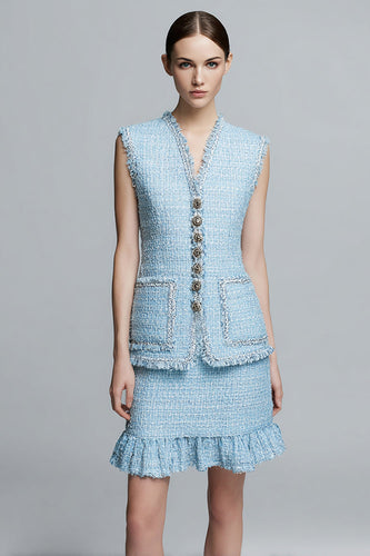 Sky Blue 2 Piece Tweed Short Homecoming Outfits with Ruffles