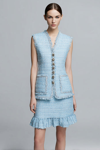 Sky Blue 2 Piece Tweed Short Homecoming Outfits with Ruffles