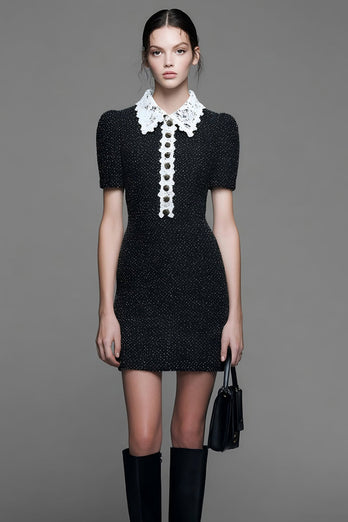 Black Collar Neck Tweed Tight Short Homecoming Dress with Lace