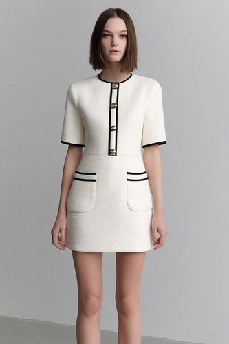Ivory Round Neck Tweed Tight Short Pageant Interview Dress with Sleeves