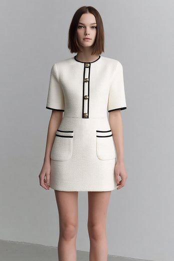 Ivory Round Neck Tweed Tight Short Pageant Interview Dress with Sleeves