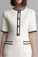 Load image into Gallery viewer, Ivory Round Neck Tweed Tight Short Pageant Interview Dress with Sleeves