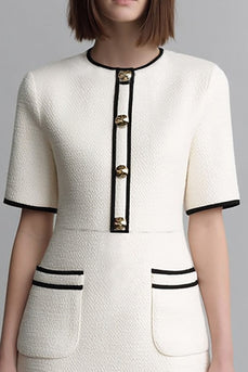 Ivory Round Neck Tweed Tight Short Pageant Interview Dress with Sleeves