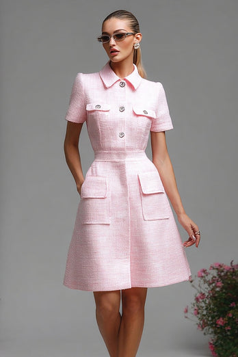 Pink Short Sleeves Tweed Homecoming Dress with Buttons