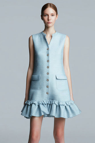 Sky Blue Tight Tweed Short Homecoming Dress with Ruffles