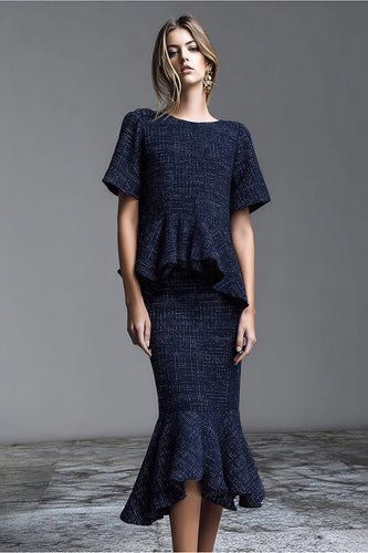 Navy Tweed 2 Piece Midi Homecoming Outfits with Ruffles