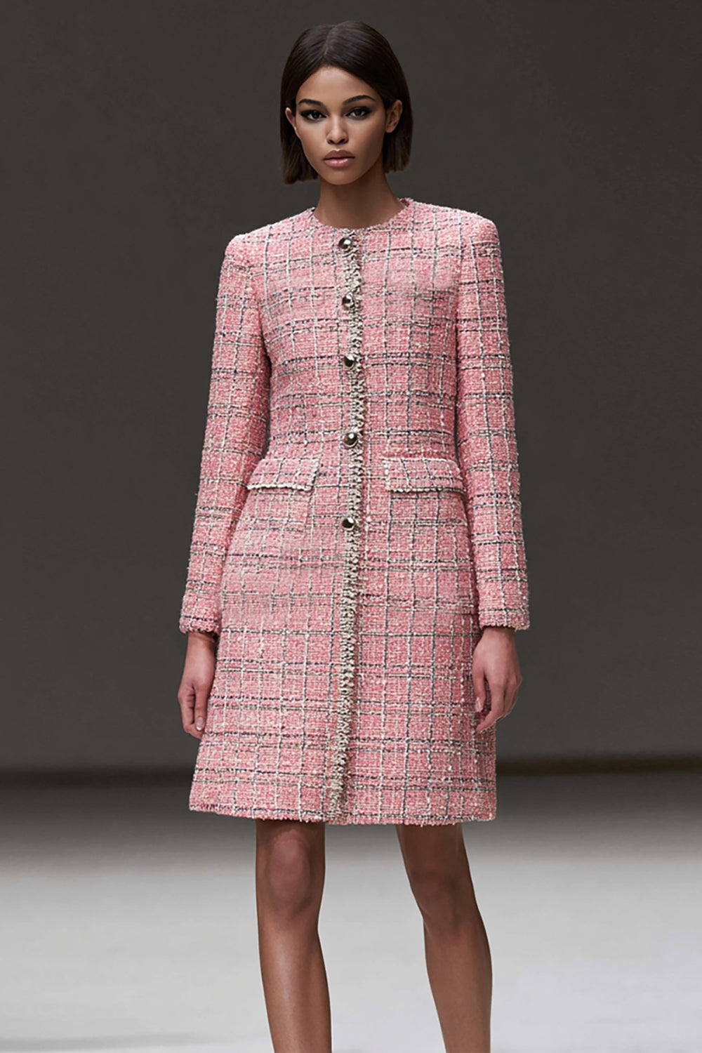 Pink Tweed Plaid Tight Short Homecoming Dress with Sleeves