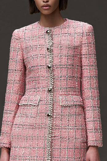 Pink Tweed Plaid Tight Short Homecoming Dress with Sleeves