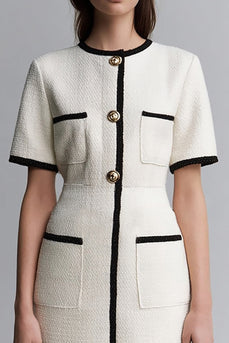 Ivory Tweed Round Neck Tight Short Pageant Interview Dress with Sleeves