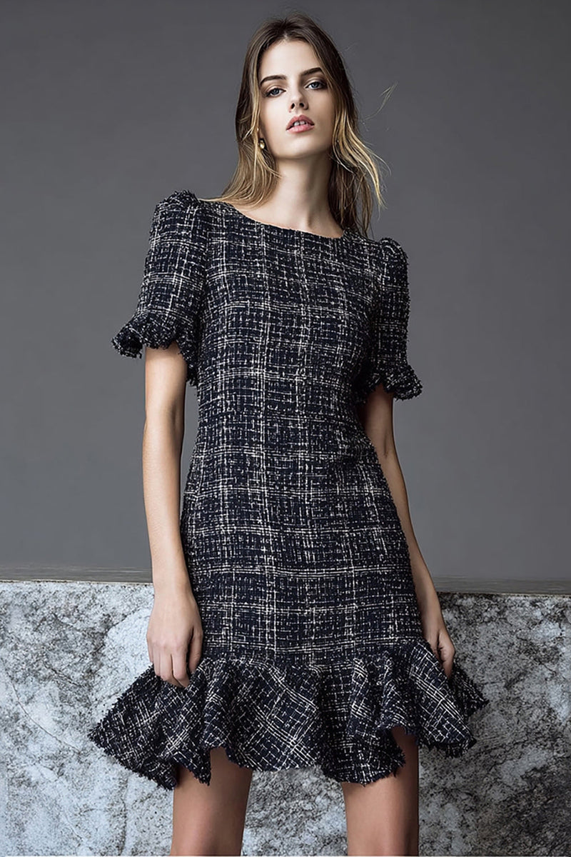 Load image into Gallery viewer, Black Plaid Tweed Tight Short Homecoming Outfits with Ruffles