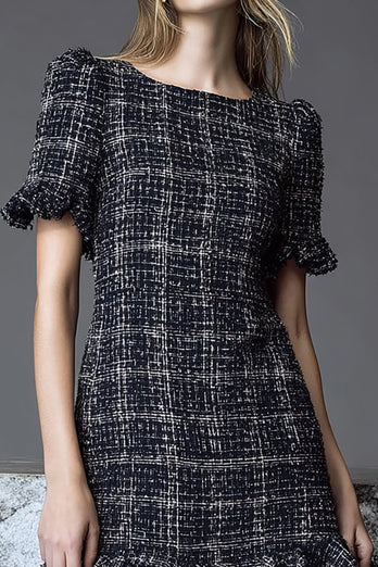 Black Plaid Tweed Tight Short Homecoming Outfits with Ruffles
