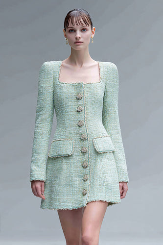Mint Green Tweed Square Neck Tight Short Homecoming Dress