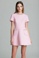 Load image into Gallery viewer, Pink Round Neck A Line Short Sleeves Homecoming Dress with Pearls