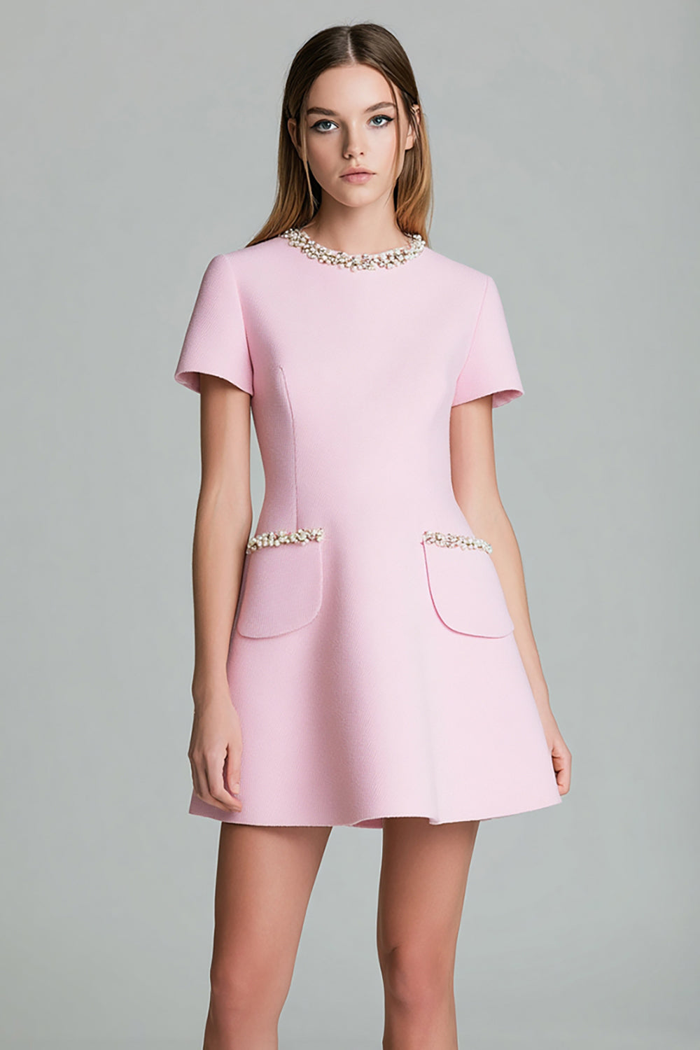 Pink Round Neck A Line Short Sleeves Homecoming Dress with Pearls