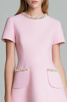 Load image into Gallery viewer, Pink Round Neck A Line Short Sleeves Homecoming Dress with Pearls