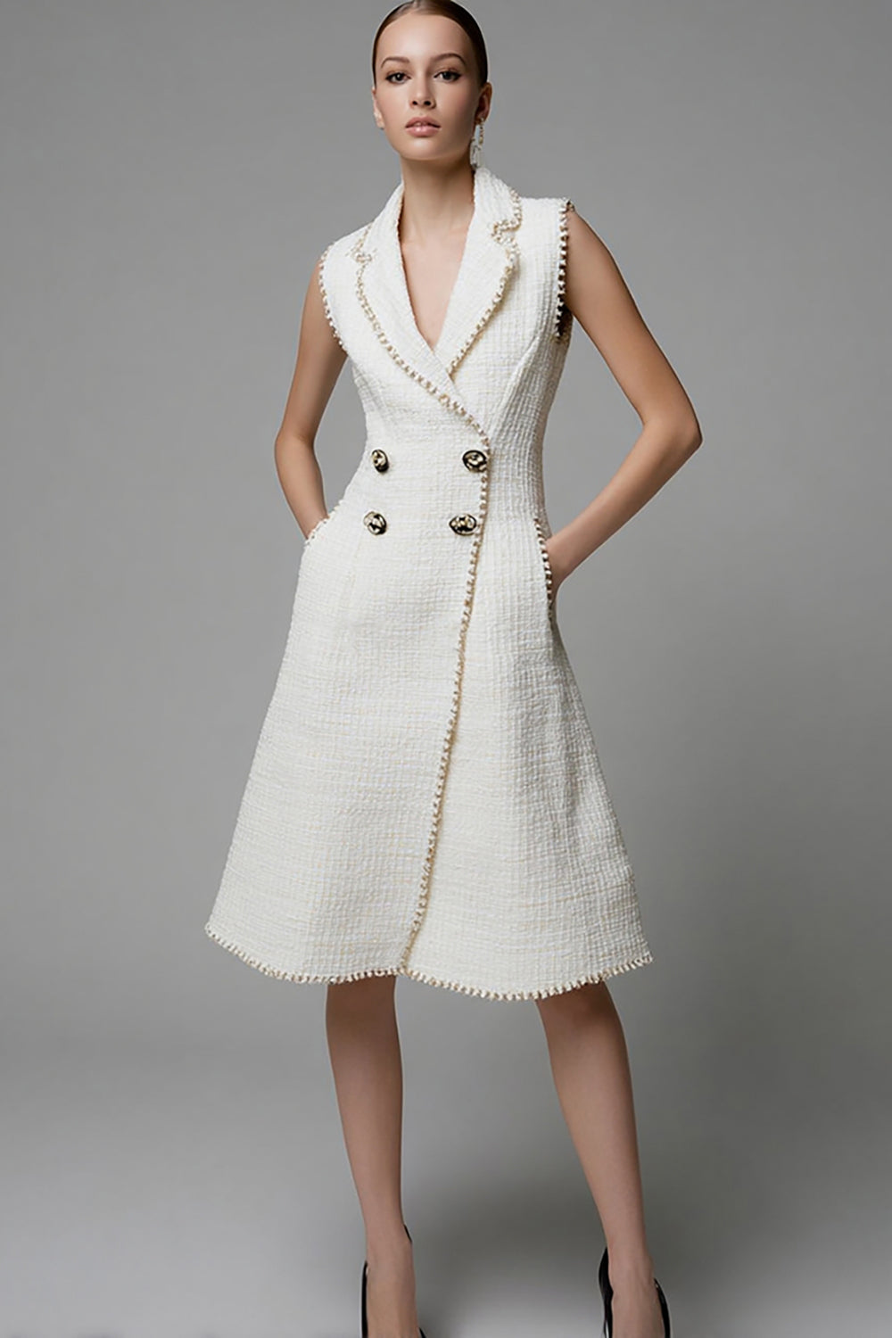 Ivory Notched Lapel Tweed Short Homecoming Outfits with Pockets