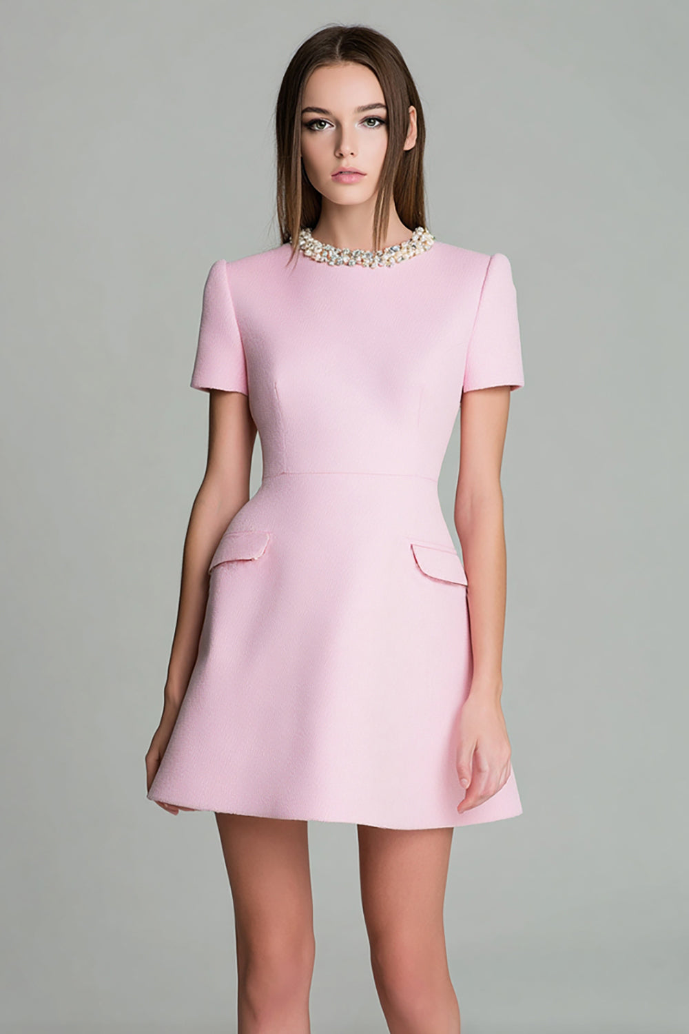 Pink Round Neck Short Sleeves A Line Homecoming Dress with Pearls