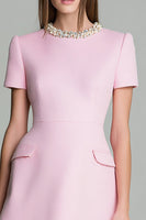Load image into Gallery viewer, Pink Round Neck Short Sleeves A Line Homecoming Dress with Pearls