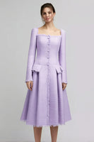 Load image into Gallery viewer, Lilac Tweed Square Neck Midi Homecoming Outfits with Long Sleeves