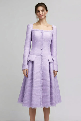 Lilac Tweed Square Neck Midi Homecoming Outfits with Long Sleeves